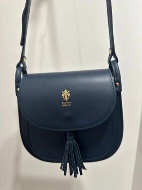 Florence Made in Italy Navy Blue Leather Tassel Crossbody Saddle Bag